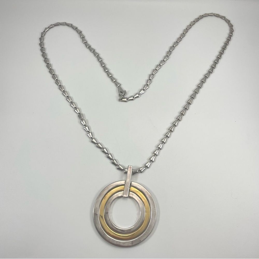 Vintage Sarah Coventry Gold Silver Tone Long Chain Ring Pendant Necklace
